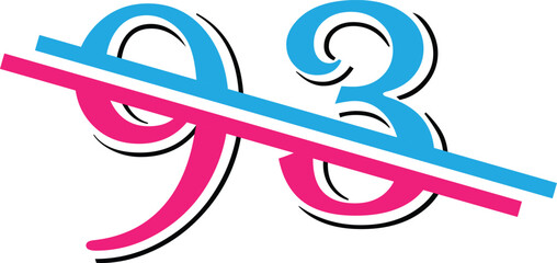 Number 93 in bright pink and cyan colors with a diagonal stripe design
