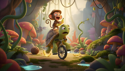 Funny 3D cartoon illustration of a turtle and a little monkey, cute animal characters for children story book cover © Julian