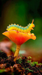 Caterpillar perched on mushroom