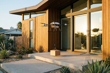 A commercial delivery drone hovers outside a modern house with wood siding and desert landscaping, lowering a cardboard package onto the concrete porch via a tether.