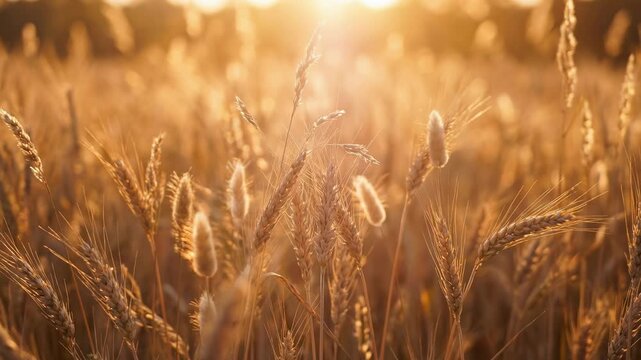 Sun-kissed golden wheat field, a symphony of warm sunlight dancing over rows of ripening grain, evoking feelings of serenity and abundance. 