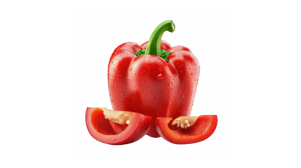 Fresh red bell pepper with slices on black background