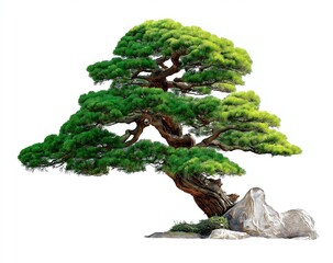 Ancient Japanese Pine Bonsai Tree with Textured Bark and Green Needles on White Background japanese bonsai