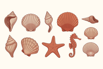 Sea shell vector set, minimalist hand drawn marine silhouettes in ink style, coastal summer beach shell doodles for logo design, menu decoration, print branding and tropical themes © Raxzen