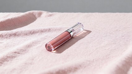 Lip gloss on pastel fabric creating soft modern beauty product mood against minimalist background with copy space