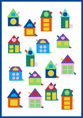 Worksheet for children, find two identical houses. 
development of memory and attention.