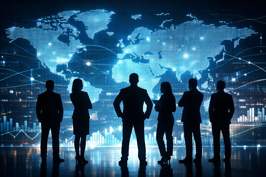 Business Team Silhouette with World Map and Data Background - Powered by Adobe
