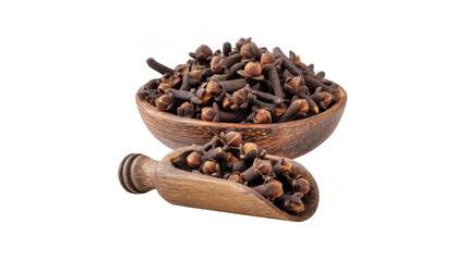 Fototapeta premium Dried cloves in a wooden bowl and scoop