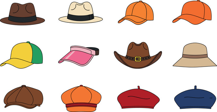 Diverse headwear and hats icon set with baseball caps fedora beret and sun visor