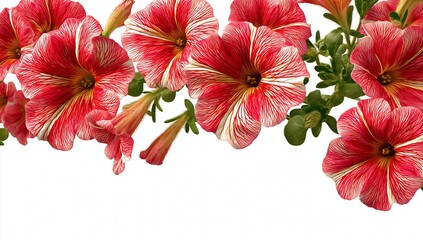 Red and white striped petunia flowers with green leaves on white background image