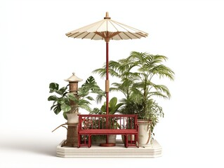 Red bench under a cream umbrella with potted plants and a stone lantern outdoor furniture garden decor