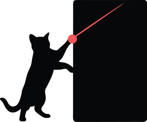 Playful black cat silhouette reaching for a red laser pointer dot on a flat surface