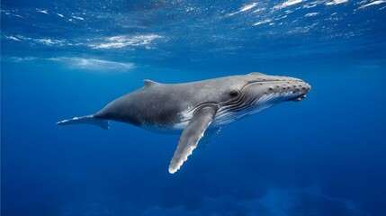 Fototapeta premium A majestic humpback whale glides through the clear blue ocean depths