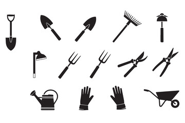 Obraz premium Set of Gardening Tool Icons and Equipment Silhouettes for Agriculture and Landscaping Design