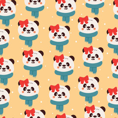 seamless pattern cute cartoon panda with blue scarf and red bow. cute animal wallpaper for winter season