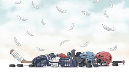Ice Hockey Equipment with Falling Snowflakes on a Winter Background.