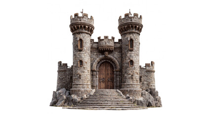 Medieval stone castle with two towers and wooden doors