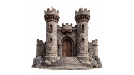 Medieval stone castle with two towers and wooden doors