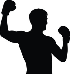 Powerful Male Boxer Silhouette Raising Gloved Fists in a Victorious Pose