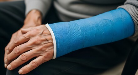 Man with broken arm in blue cast