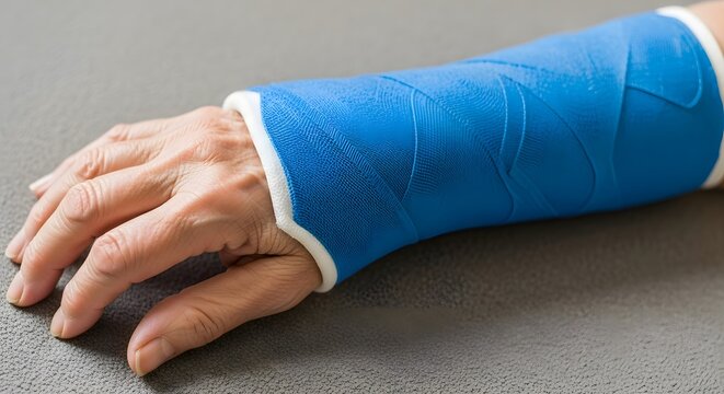 Hand with blue fiberglass cast on arm