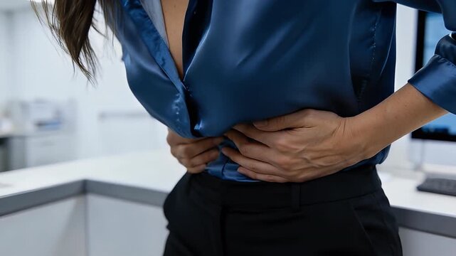 woman having painful stomachache with hands holding pressing her crotch lower abdomen. healthcare concept
