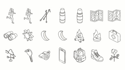 Set of outdoor adventure and hiking icons in isometric outline style, perfect for travel and lifestyle themes. © DS Studio