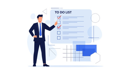 Fototapeta premium Businessman checking off tasks on a to-do list, planning and organization concept.