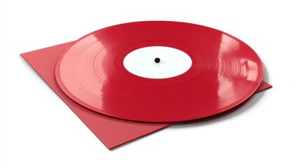 Fototapeta premium A red vinyl record rests on a matching red sleeve with a white label. The setting is minimalistic with a plain white background. Light reflects off the smooth surface.