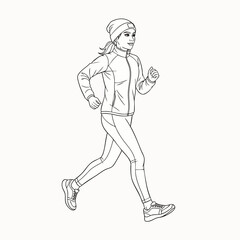 Fototapeta premium Line art illustration of a fit woman running outdoors in athletic wear, winter hat, and jacket, representing healthy lifestyle and exercise