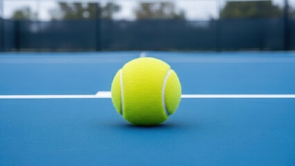 A single tennis ball on a vibrant blue court