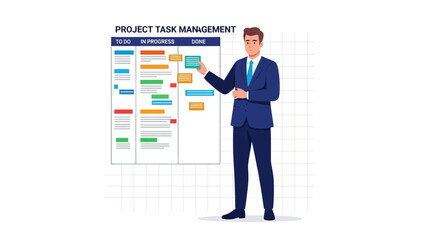 Businessman Presenting Project Task Management Board with To Do, In Progress, Done Sections