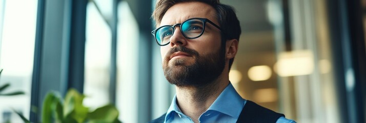 A businessman looking thoughtful in a modern office environment.