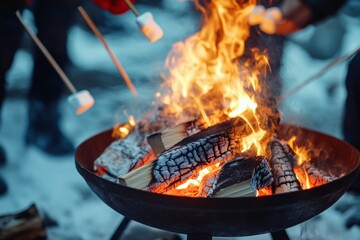 A lively outdoor scene with glowing fire and roasted marshmallow skewers.