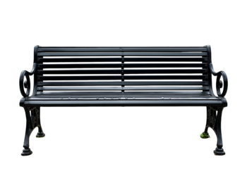 Ornate black metal park bench with slatted seat and decorative cast iron legs isolated on a transparent background