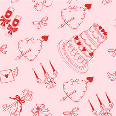 Seamless coquette pattern with hand-drawn hearts, cake, champagne glasses, candles, ribbons and bows on a pink background. Romantic preppy vector design for Valentine&rsquo;s Day, fabric prints, wallpaper 