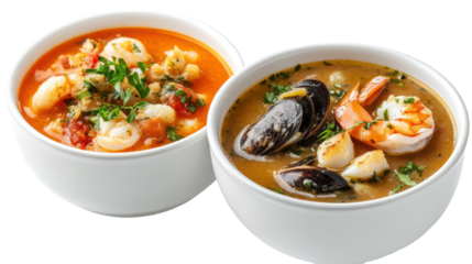 Seafood soup bowls on transparent background