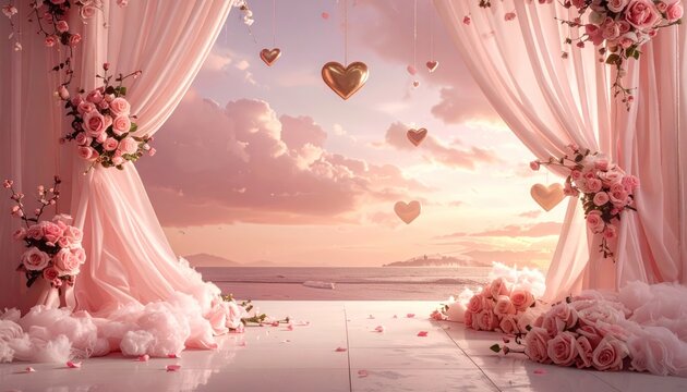 Romantic Wedding Backdrop with Pink Curtains and Heart Balloons.