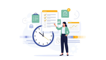 Businesswoman planning and managing tasks with clock and checklist vector illustration