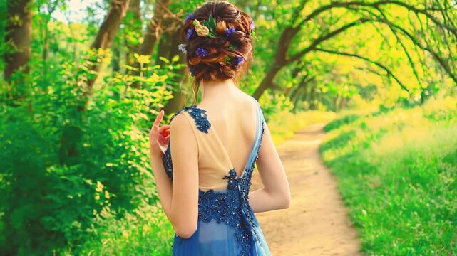 silhouette person close-up young beauty woman back rear view holiday hairstyle brunette hair evening hairdo neck shoulder skin. hairpins with fresh blue flowers elegant decor blue adult girl sexy