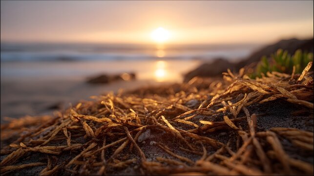 Close up of dry seaweed and sand on a beach at sunset with gentle waves in the background - Powered by Adobe