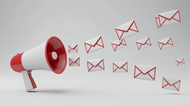Red and white megaphone emitting multiple white envelopes with red borders on a light gray background