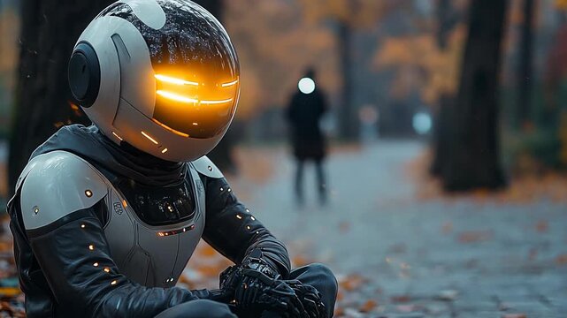 A futuristic robot sits contemplatively in an autumn park, observing a blurred figure in the background.
