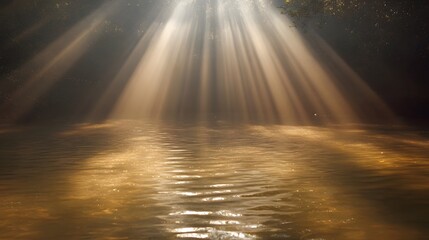 Golden sunbeams pierce a dark forest canopy illuminating a serene rippling water surface with ethereal divine light