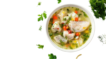 Chicken soup with vegetables on transparent background