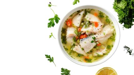 Fish soup in white bowl on transparent background