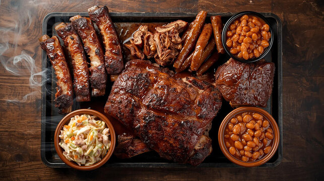 Hearty BBQ meat platter with smoky grilled ribs, juicy pulled pork, sausages, baked beans & coleslaw on a rustic wooden table. Perfect for summer feasts & casual dining.