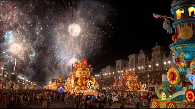 Carnival Parade With Giant Floats And Fireworks
