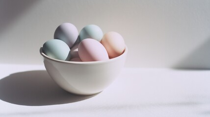 Pastel colored Easter eggs in white bowl on light background — concept of spring, celebration and minimal design
