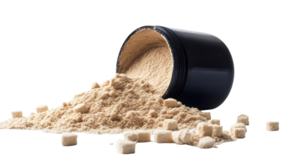 Black protein powder jar spilling on transparent background